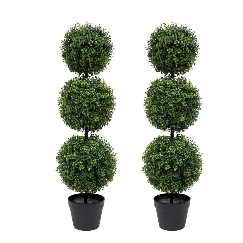 momoplant Artificial Topiary Ball Tree 38 Inch Triple Topiaries Boxwood Greenery Plant 2 Pack Outdoor Lifelike with Black Pot