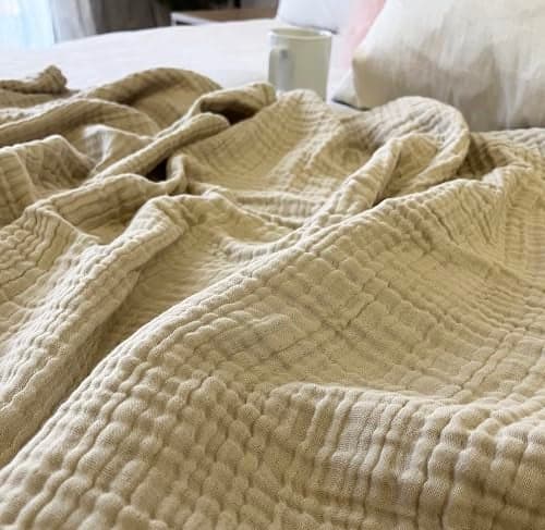 KyraHome 100% Organic Cotton 60"x80" Large Muslin Blankets for Adults, Women, Plant Dyed Breathable Lightweight Gauze Throw Blanket for Couch, All Season, Oatmeal Khaki