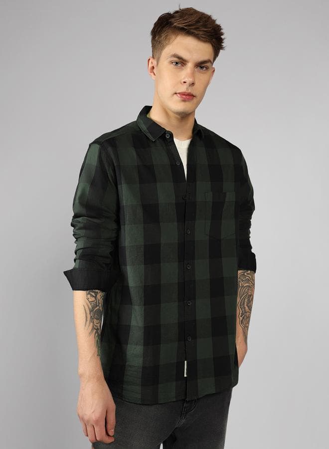 Slim Fit Olive Men's Solid Shirt, Spread Collar, Full Sleeves, 100% Cotton,