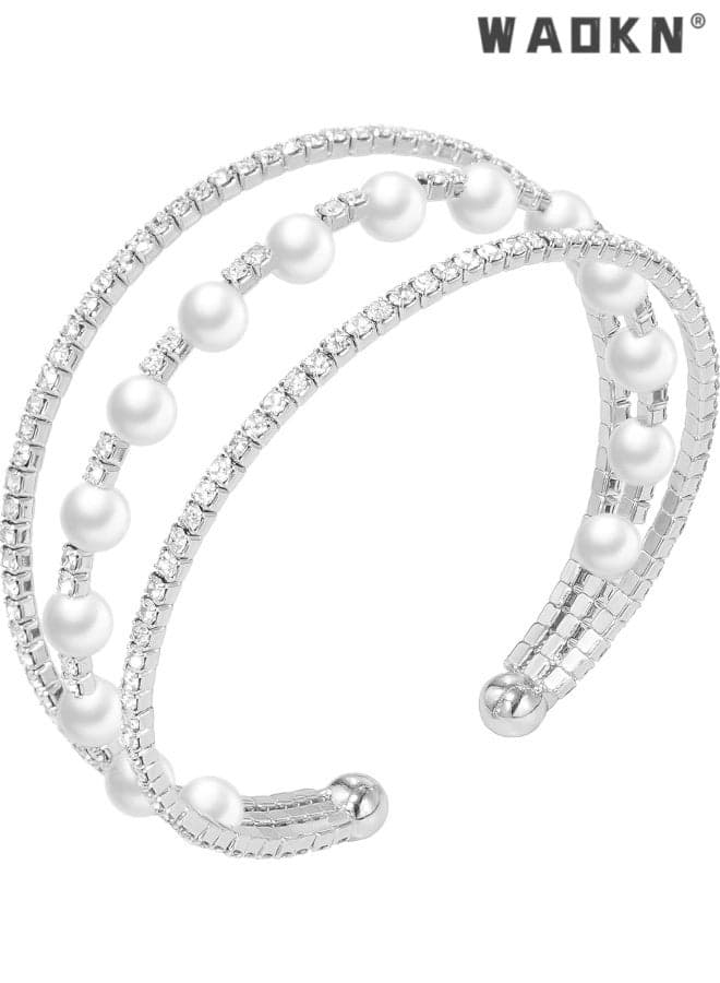 Rhinestone Bracelet Multilayer silver Cuff Bracelet for Women Crystal Braidal Bracelets, 3 rows of irregular personalized bracelets , Steel wire elastic bracelet , suitable for shopping ,dating , silver .