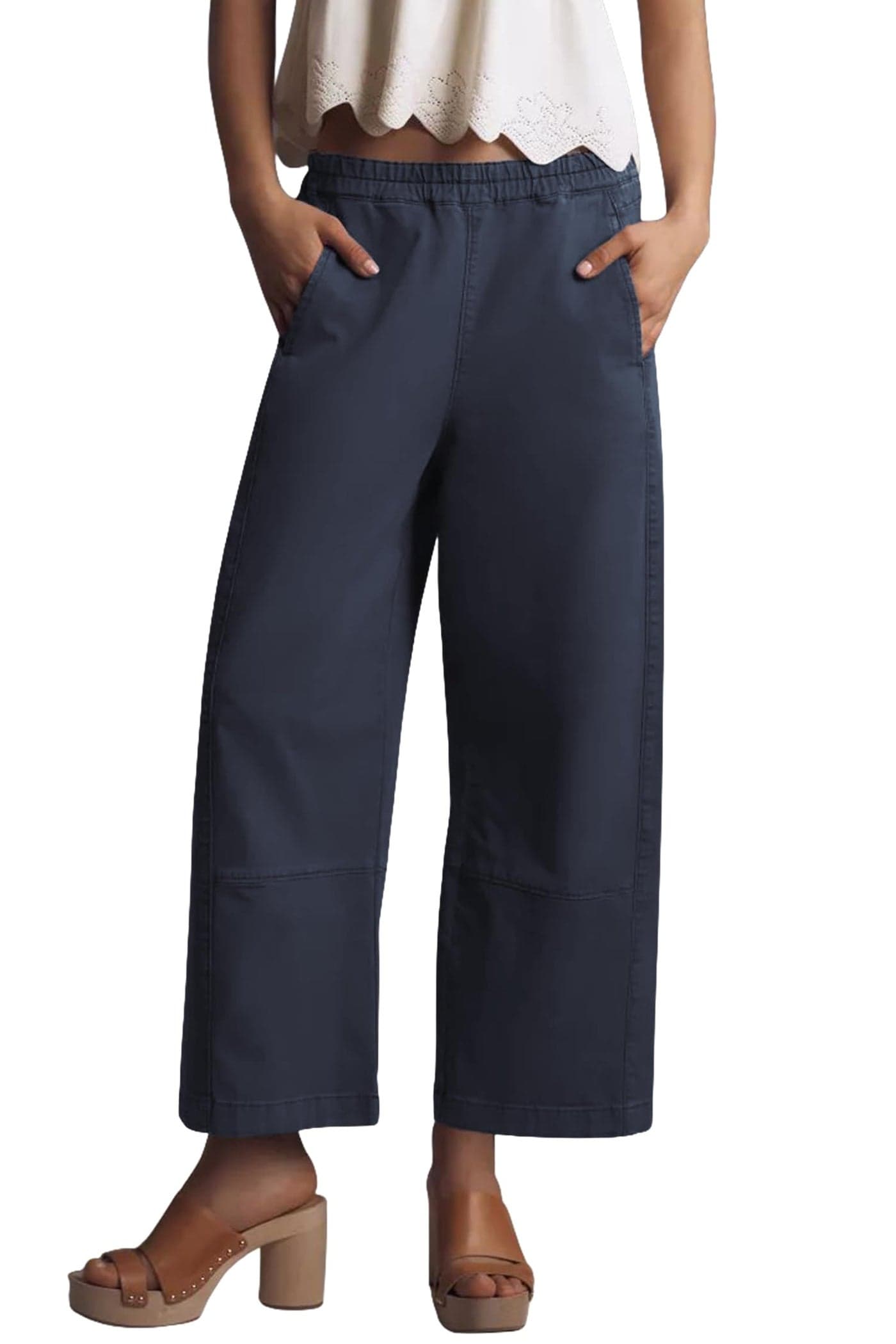 Allimy Womens Pants Loose Summer High Waist Elastic Wide Leg Straight Leg Casual Cropped Pants Casual Capris Trousers with Pockets Navy 8
