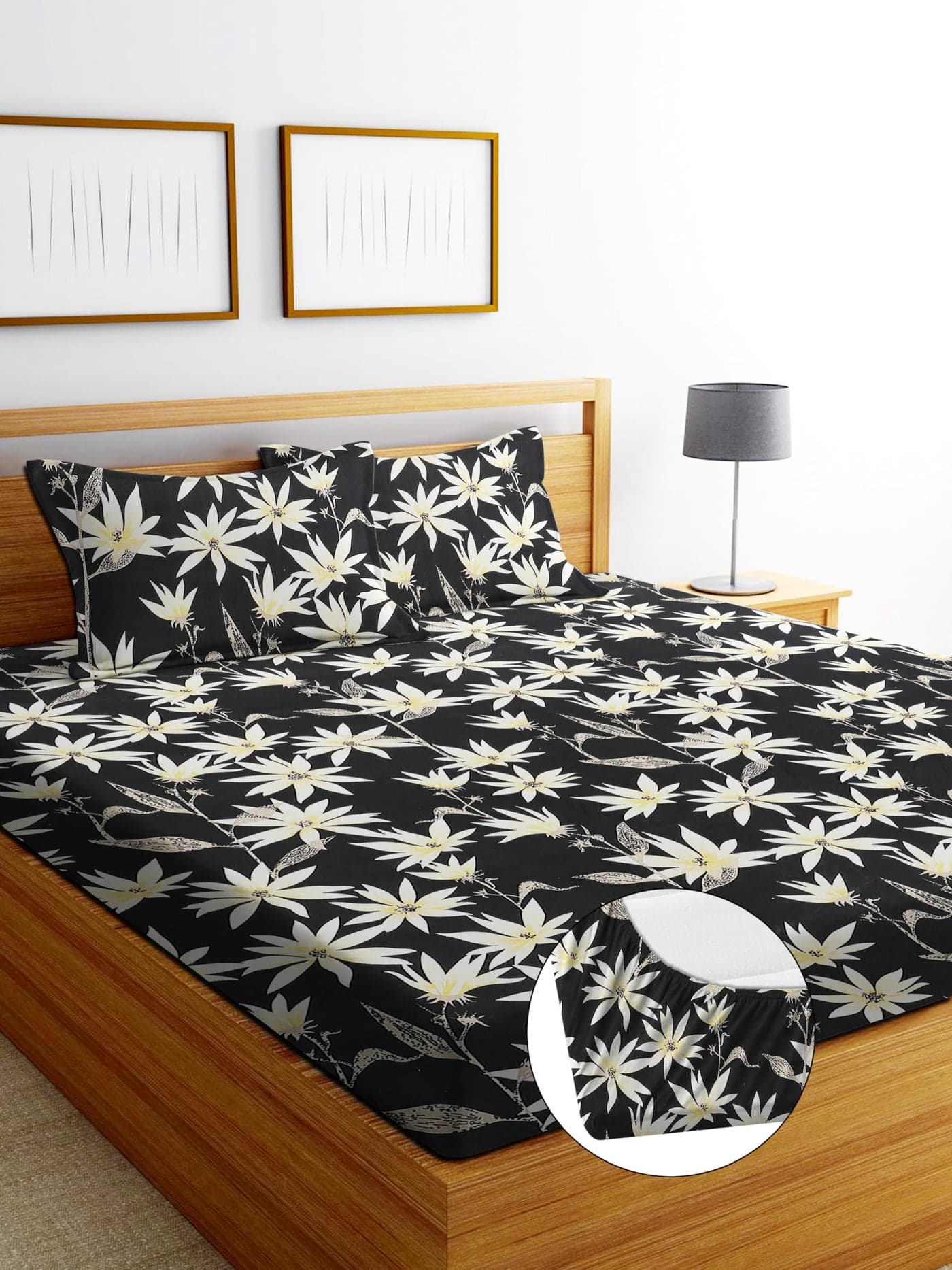 DECORUM Glace Cotton Fitted 1 Bedsheet King Size (72"x78") | All Around Elastic | Cotton Feel | 2 Pillow Covers (17"x27") | Fits Up to 8" Mattress | 200-220 TC | Printed Double Bed Sheet Set