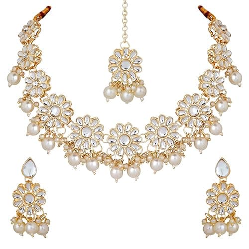 Atasi International Gold Plated Pearl Kundan Crystals Traditional Stylish Necklace Set | Jewellery Set With Earrings & Maangtikka (AG6163)