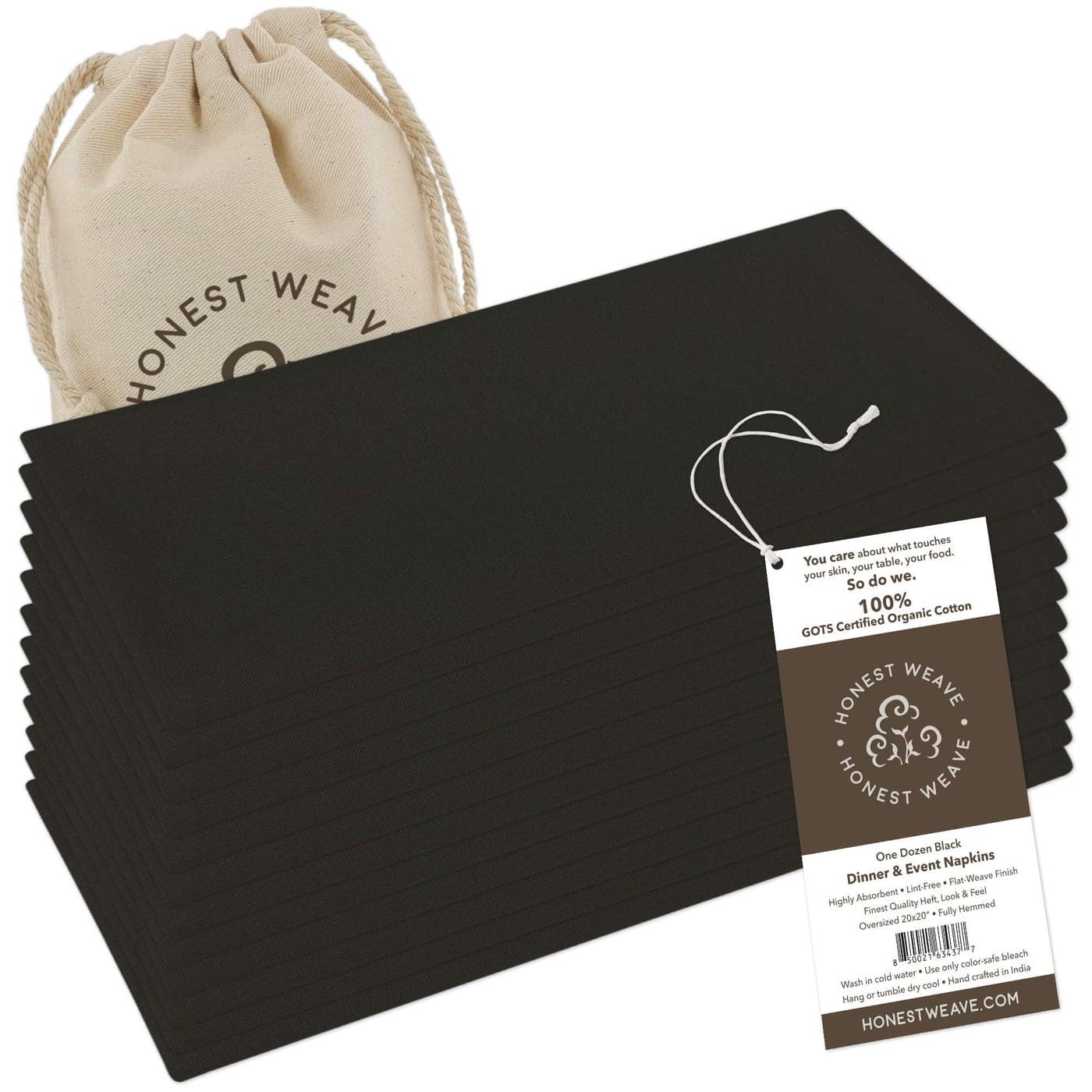 HONEST WEAVE GOTS Certified Organic Cotton Washable Cloth Napkins Sets for Everyday Dining Dinner Parties Weddings Oversized 20x20 inches Fully Hemmed in Designer Colors 12Pack Black