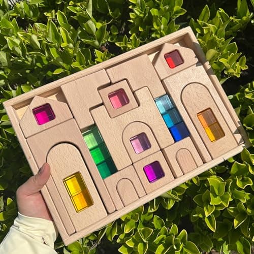 KOAICS 31PCS Wooden Castle Arch Building Blocks Set with Colorful Acrylic Inserts Educational Construction Toy for Toddlers 31PCS Colorful House