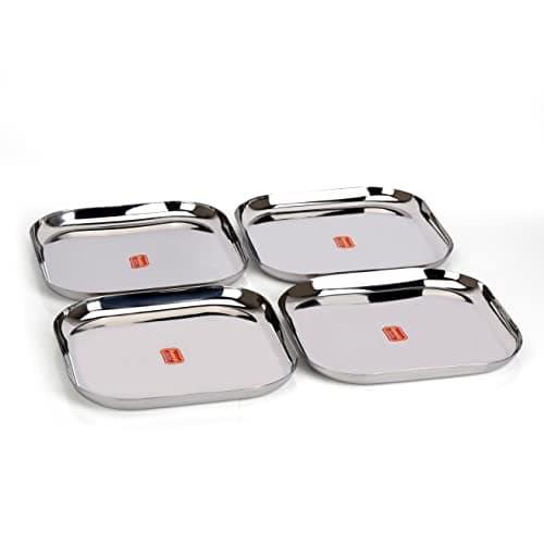 Sumeet Stainless Steel Big Square Shape Plate/Dinner Plate/Lunch - Meal Plate Set of 4pcs, 28cm dia, Silver