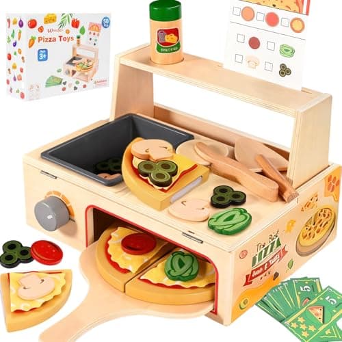 Smartwo 50 PCS Wooden Pizza Toy Montessori Pretend Play Toys Wooden Pizza Counter Playset with Bake Oven Play Food and Accessories Cooking Pretend Play Toys for Boys Girls Age 3