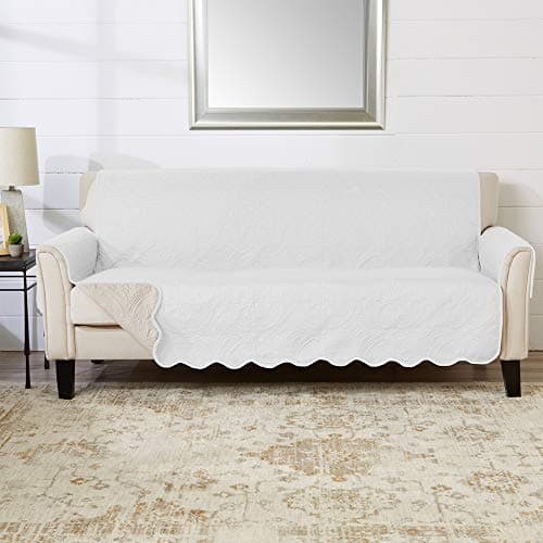 Great Bay Home Reversible Sofa Cover - Washable Slipcover Furniture Protector with Elastic Straps - Couch Cover for Dogs, Kids, and Pets - Quilted & Stitched Detail (Sofa, White/Sand)