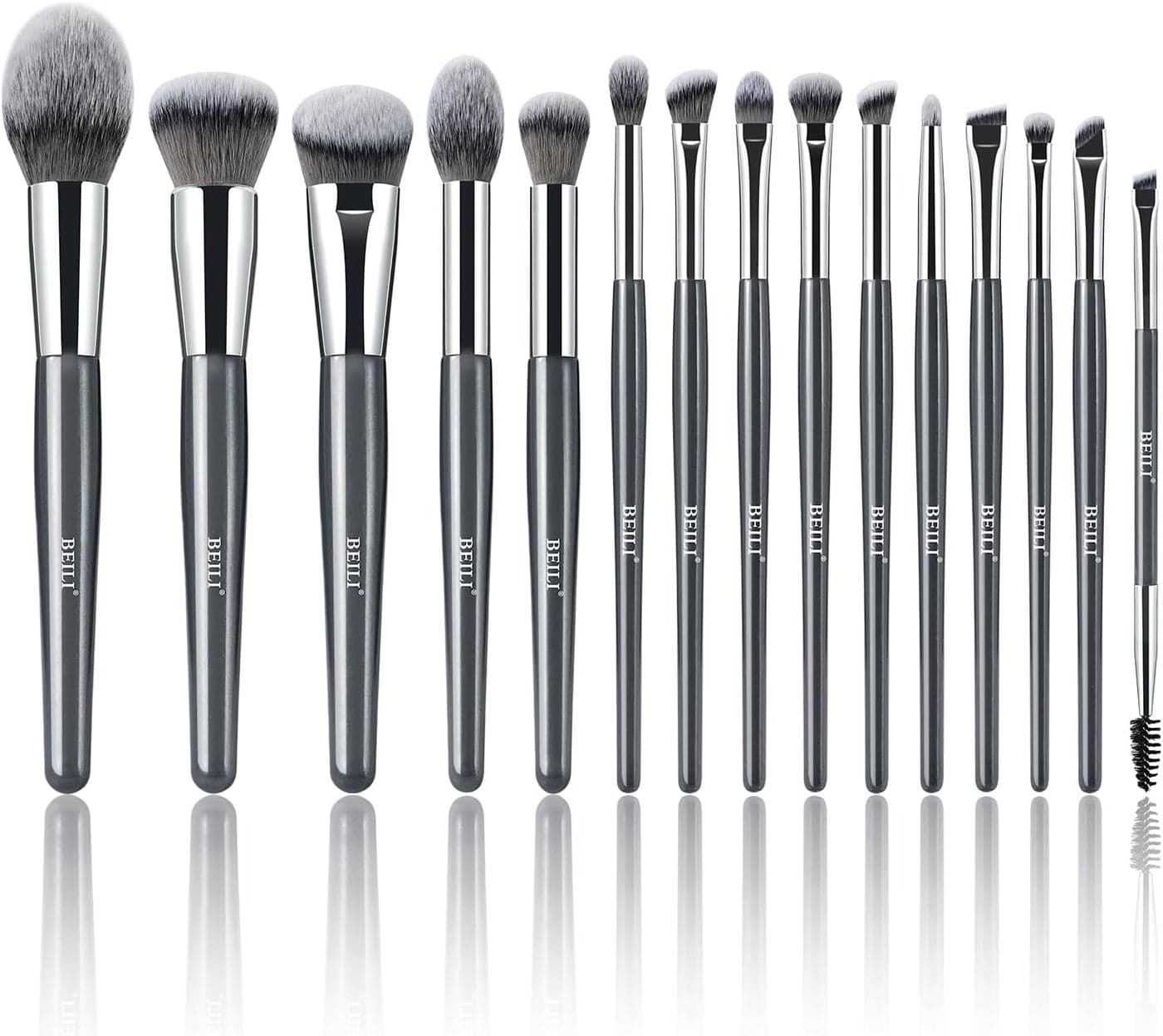 BEILI 15Piece Vegan Makeup Brush Set Professional CrueltyFree Aluminium Ferrule Wood Handle Grey