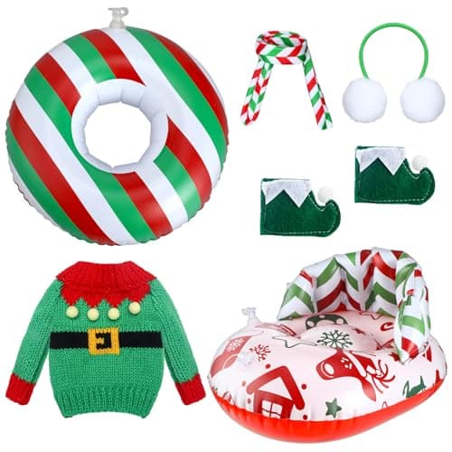 Cindeer 6 Pcs Christmas Doll Accessories Set Includes Clothes Sweater Ear Muffs Scarf Shoes Sleigh Snow Ring Set for 115 Inch DollRed Green Stripe