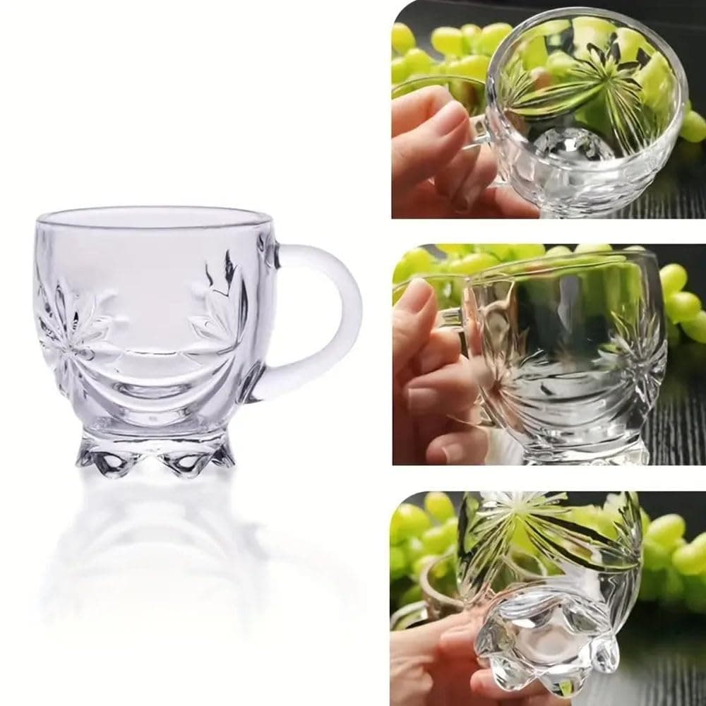 Homeprism Glass Tea Cup with Elegant Flower Pattern Set of 6 Microwave Safe Mug for Coffee Green Tea Lemon Tea with Handle 150 ml