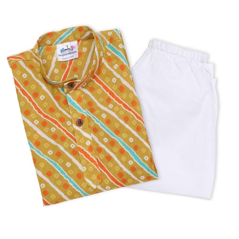 superminis Cottton Full Sleeves Lehariya Printed Kurta Pyjama Set for Boys (5-6 Years, Mustard)