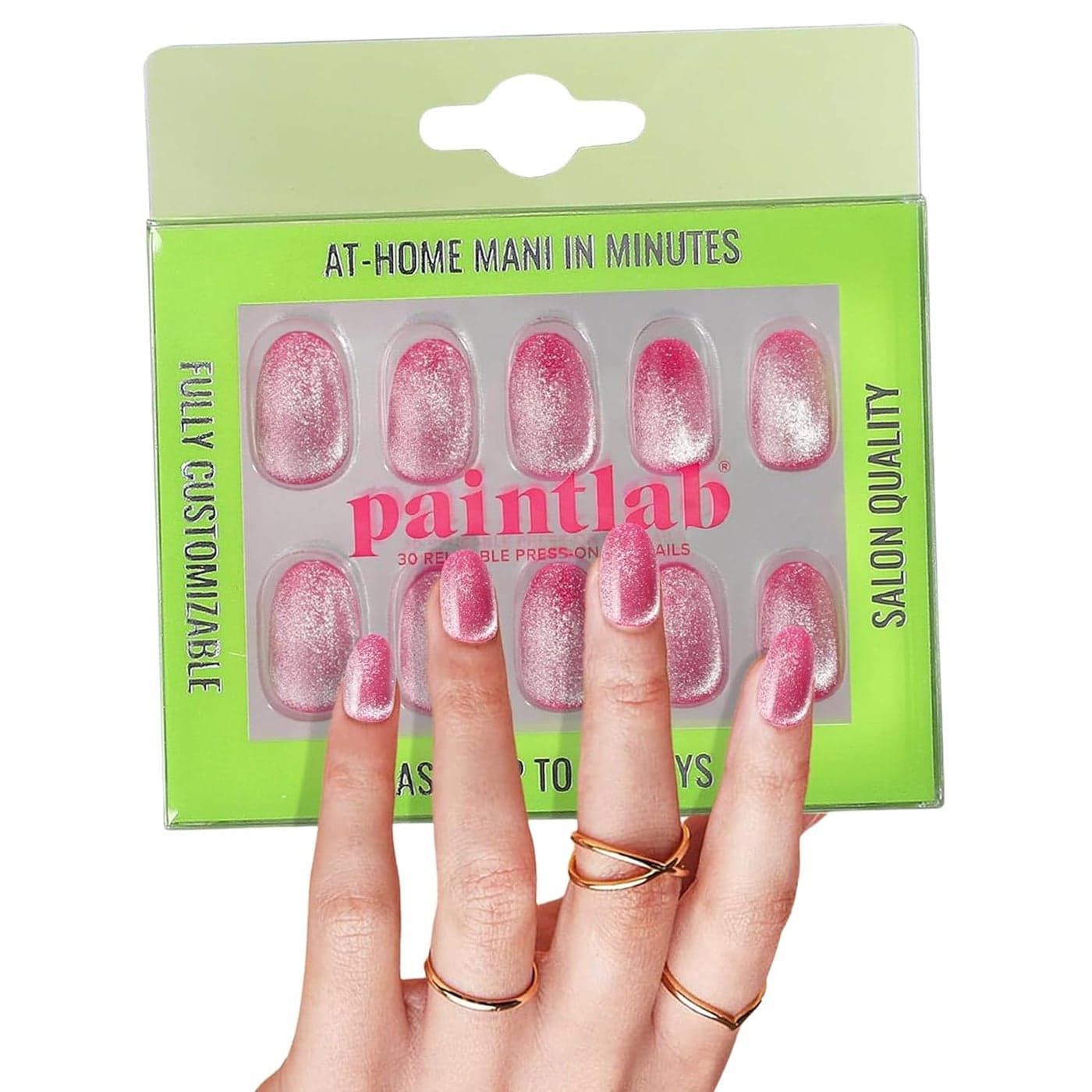 PaintLab Press-On Nails Manicure Kit, Pink Boom Cat Eye, 30-Piece Set, Long-Lasting Fake Nails with Glue, File, Prep Pad & Cuticle Stick