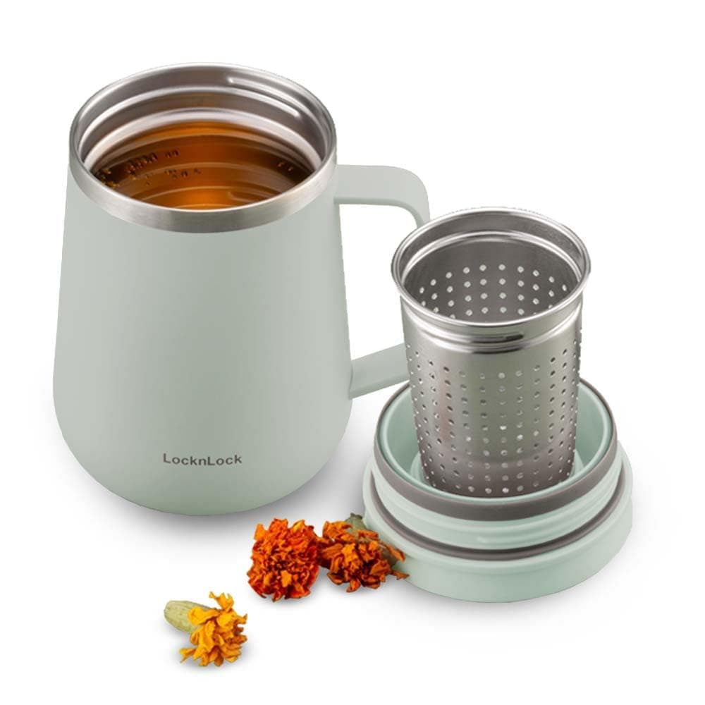 LocknLock Metro Tea Mug Mint 13oz400ml Tea and Coffee Mug Cups with Tea Infuser Strainer Lid and Handle Double Wall Stainless Steel Vacuum Insulated Travel Tumbler