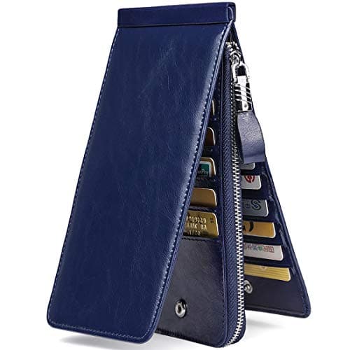 JEEBURYEE Women's Oil Wax Real Leather Multi Credit Card Holder Wallet RFID Blocking Long Bifold Clutch Wallet Ladies Purse with Zipper Pocket Blue