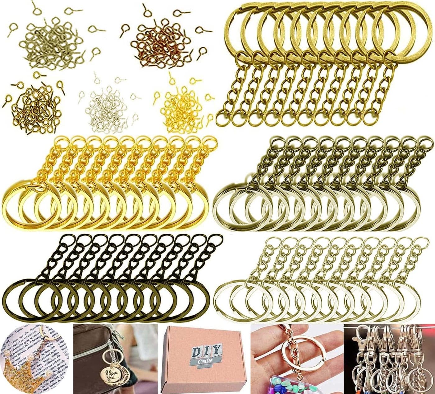 DIY Crafts 10 Pcs Chrome Gold Split Key Ring with Chain Set Metal Flat Keychain Rings 1 Inch with Open Jump Rings and Screw Eye Pins Bulk Colors for Resin Jewelry Making DIY Craft