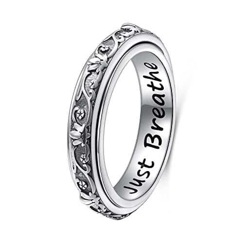 Ladytree Spinner Fidget Ring S925 Sterling Silver Lotus Flower Yoga Just Breathe Anxiety Worry Band Oxidized Stress Relieving Boredom ADHD Autism Rings for Women MenSize 10