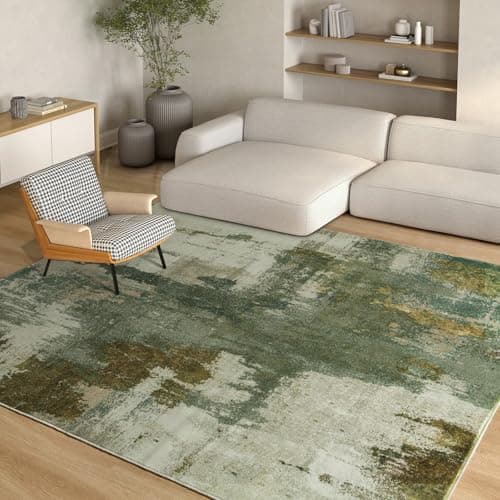 Kelarea Living Room Rug, 5x7 Rug Modern Abstract Washable Rugs Green Faux Wool Vintage Carpets, Non Slip Rug for Bedroom, Dining Room, College Dorm, Kids Playroom, Home Office
