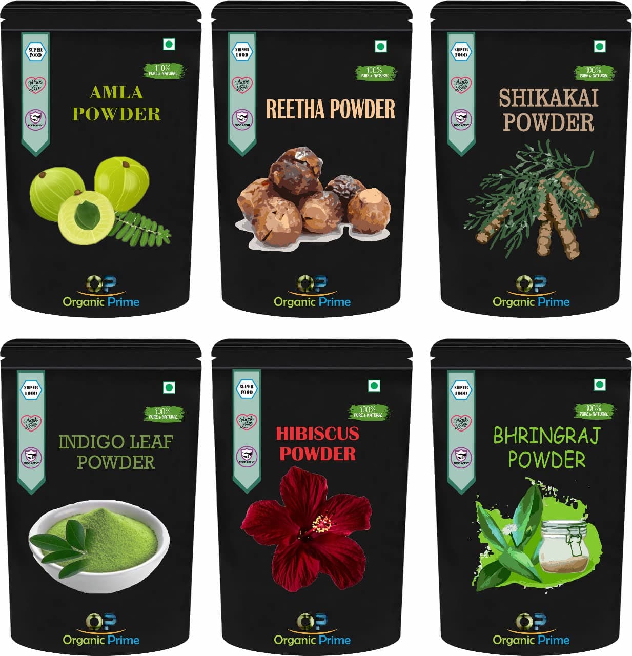 Organic Prime Pack of 6 Indigo Powder Amla Powder Reetha Powder Shikakai Powder Bhringraj Powder Hibiscus Powder 100 GM Each 600 GM By Organic Prime