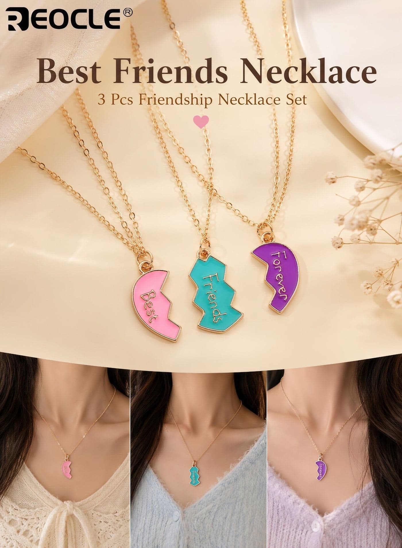 Women's Necklace Set Split Heart Best Friend Set Tri-Sectioned Enamel Design with Friendship Phrases Dainty Matching Jewelry for Daily Wear & Gift Occasions