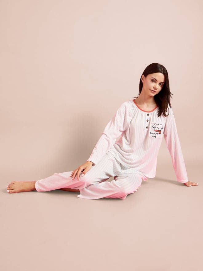 Styli Pink Striped Button Placket Top and Pyjama Set