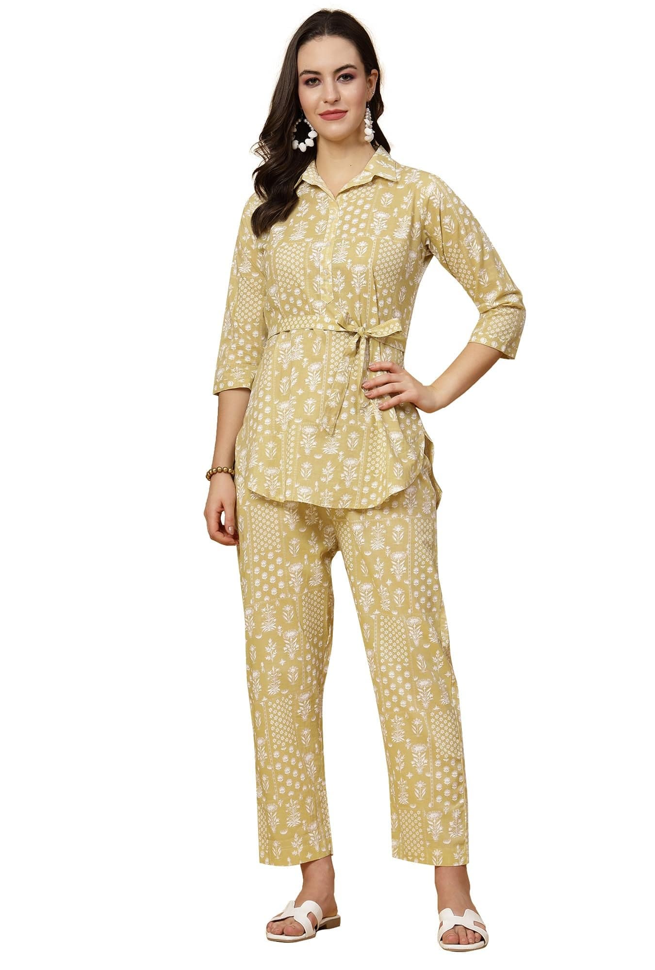 Pistaa's Women Floral Printed Cotton Co-ord Set (X-Small, Butter Yellow)