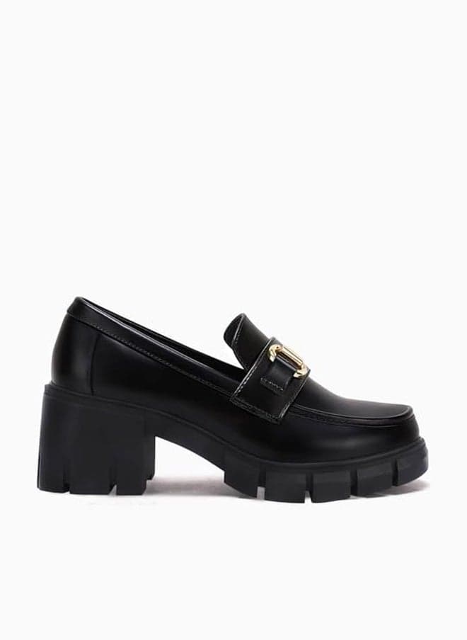 Coutgo Womens Chunky Platform Lug Sole Loafers Mid Heel Square Toe Dress Walking Work Shoes with Buckle Chain,Black, Size 9