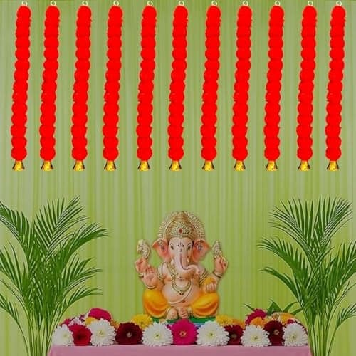 iHandikart Marigold Flower Hanging for Door Decoration |Pack of 15, 30 Inch | Artificial Fluffy Flower with Bell for Home Decor, Ideal for Diwali Decoration, Wedding, Festive Wall Hanging itmes.