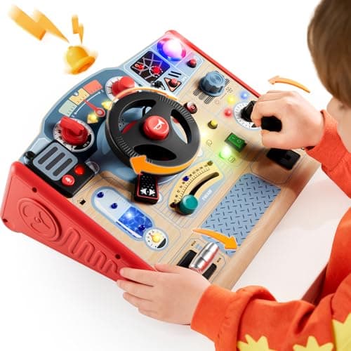 TOP BRIGHT Montessori Busy Board with LED Light Sensory Toys with Sounds Switches Activity Board for Kids 35 Car Driving Toy for Toddler Boy 3 Year Old Girl Boy Gifts for Birthday Christmas