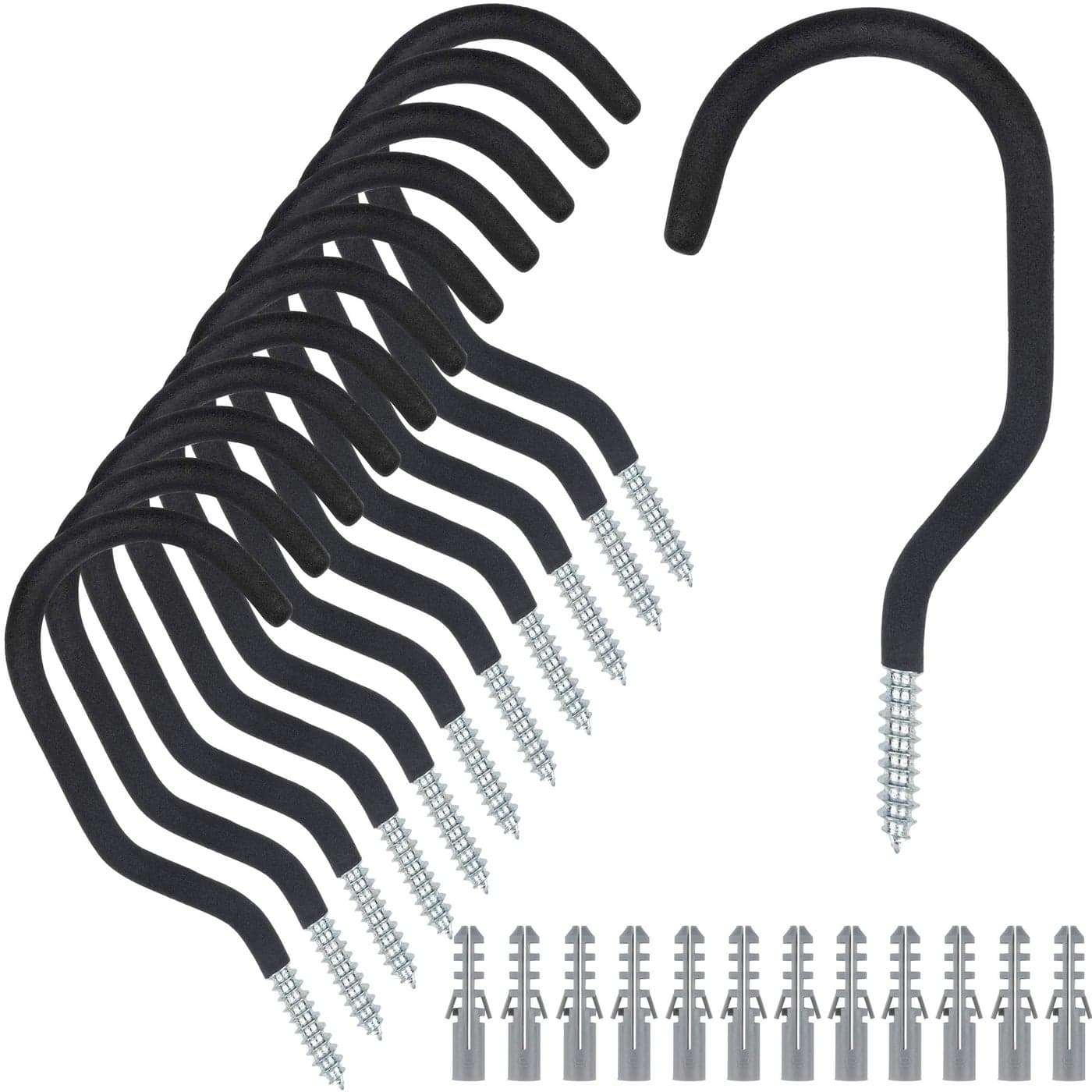 KURUI Heavy Duty Screw in Hooks for Hanging 12 Pack Bike Hooks for Garage Wall with Screw Anchors Wall Mount Bicycle Storage for Ceiling Large Black Plant Hooks for Ceiling
