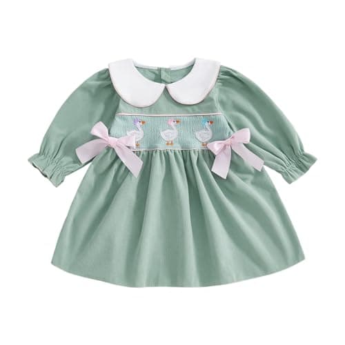 Toddler Baby Girl Fall Outfits Silly Goose Smocked Dress Long Sleeve Birthday Girl Dress Cute Smash Cake Clothes (Goose Embroidered Green, 6-12 Months)
