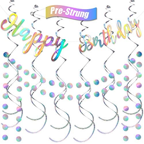 Zonon 9 Pcs Iridescent Happy Birthday Banner Prestrung Holographic Party Decoration Vibrant Bachelorette Hanging Streamers Decor Rainbow Shiny Circle Garlands for Iridescent Party Favor Supplies