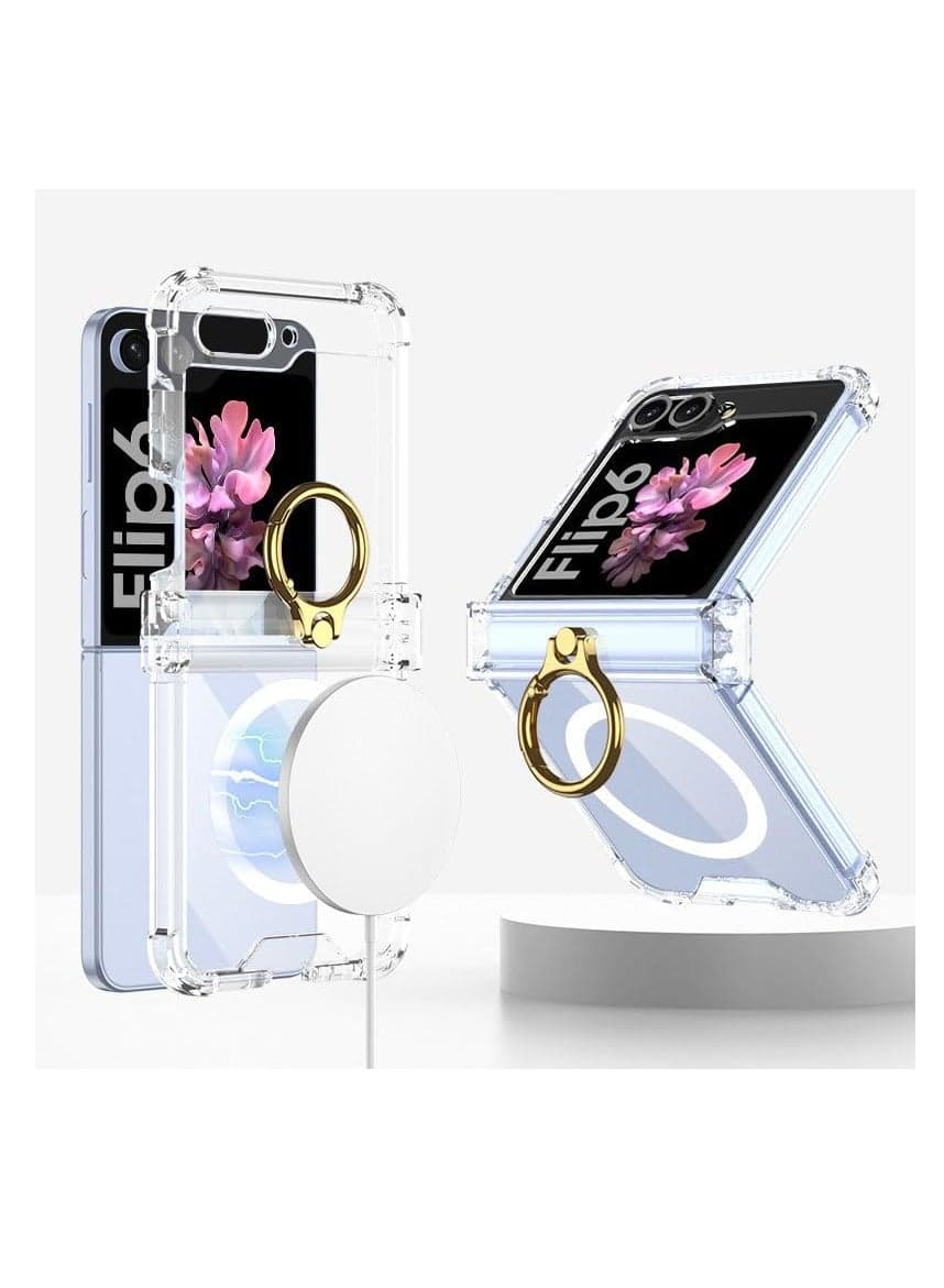 For Samsung Galaxy Z Flip 6 Case Clear with Hinge Protection Ring Kickstand, Support Wireless Charging Protective Phone Case (Clear)