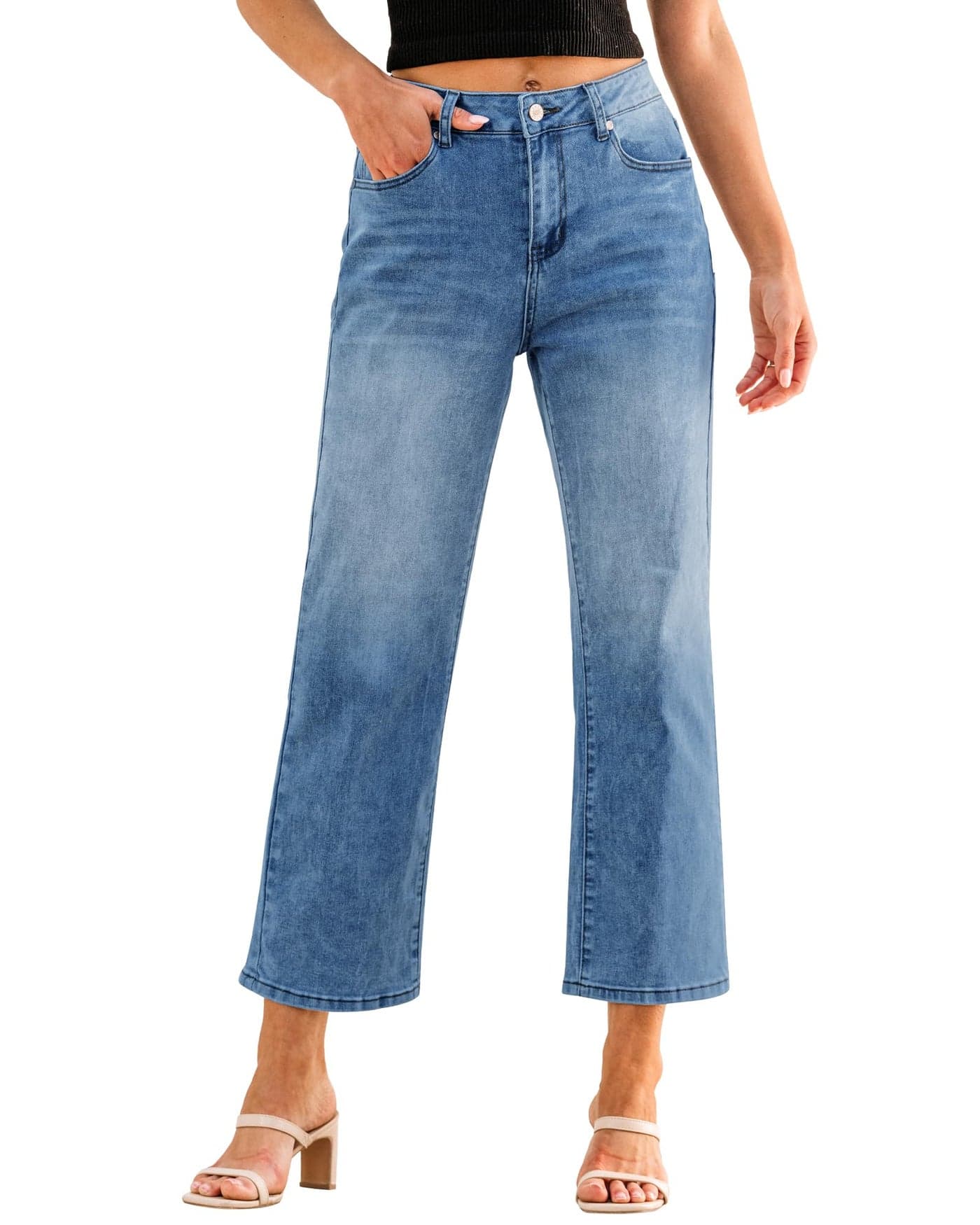 GRAPENT Womens Wide Leg Pants Women's Capris and Cropped Pants Straight Leg Jeans for Women High Waist Pants Womens Straight Jeans High Waisted Straight Leg Jeans Color Medium Blue Size 12 Size 14