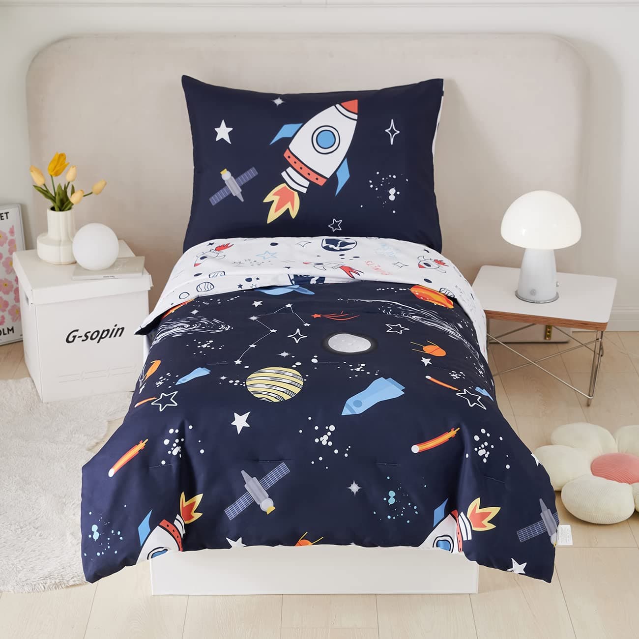 PERFEMET 4 Pcs Toddler Bedding Dark Blue Outer Space Printed Toddler Bed Set with Sheets Reversible Planet Rocket Pattern Bed in a Bag for ToddlersDark Blue PlanetRocket