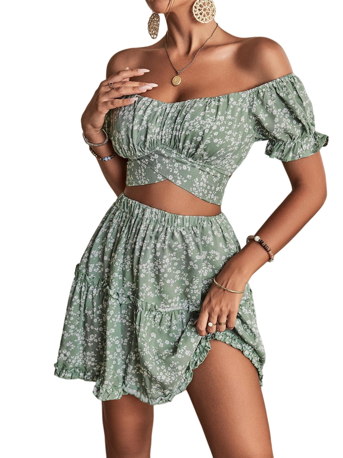 LYANER Women's 2 Piece Outfits Floral Off Shoulder Tie Up Crop Top and Mini Skirt Set Green Medium