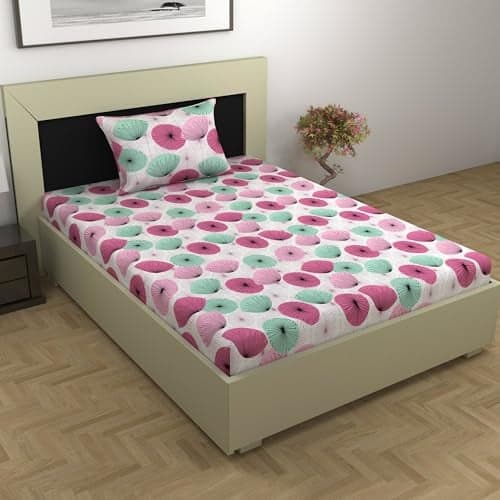Divine Casa 100% Cotton Bedsheet for Single Bed, 144 TC Bedsheet Single Size Bed Cotton with 1 Pillow Cover (145 X 223 cm, Rose Pink, Floral)