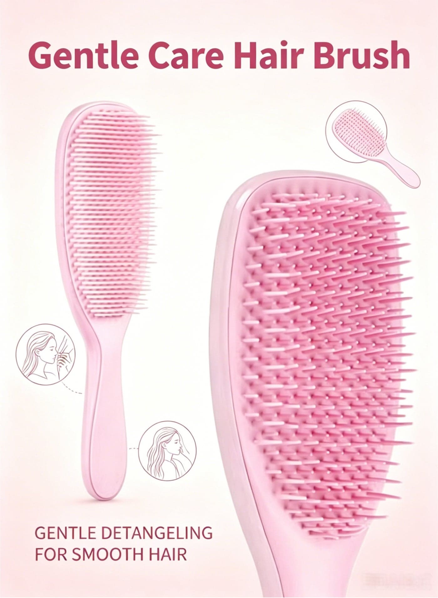 Gentle Care Detangling Hair Brush, Pink Soft Bristle Scalp Massage Comb, Anti-Tangle Cushion Brush for All Hair Types, Wet & Dry Use, Pain-Free Detangler for Women & Kids, Promotes Smooth Hair Growth & Circulation