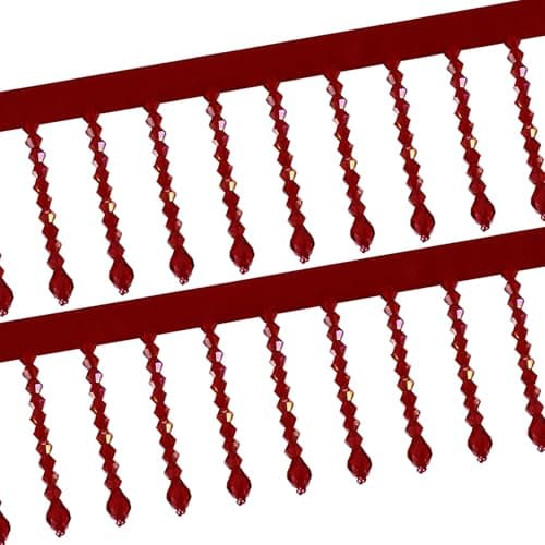 uxcell 1 Yard Crystal Beaded Ribbon Fringe Trim 24 Crystal Fringe Tassel Rhinestone Bead Trim Tassel for Curtain Lamp Shade Dress Clothes Wedding Decoration DIY Dark Red