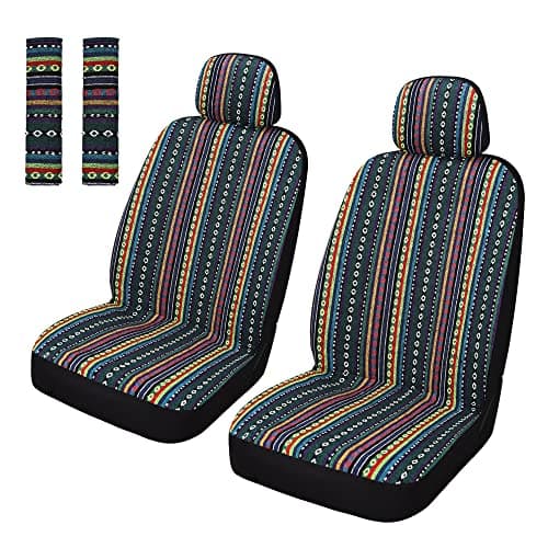 Pariitadin Baja Saddle Blanket Car Seat Covers Front Set with Seat Belt Pads, Washable Breathable Striped Woven Cloth Seat Covers for Cars, Universal Fit Most Cars, Airbag Compatible, Red/Blue