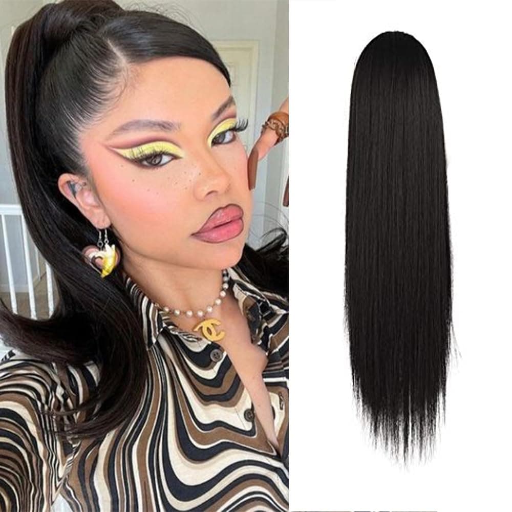 BARSDAR Short Straight Ponytail Extension 14 Inch Drawstring Black Ponytail Hair Extensions for Women Synthetic Fake Pony Tails Hairpieces Clip in Straight Ponytails Daily Natural Black