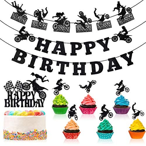 Zonon 20 Pieces Dirt Bike Birthday Decoration Dirt Bike Party Supplies Banner Cake Cupcake Topper for Motocross Themed Birthday Party Man or Boy Riding Room Wall Decoration Classic Style