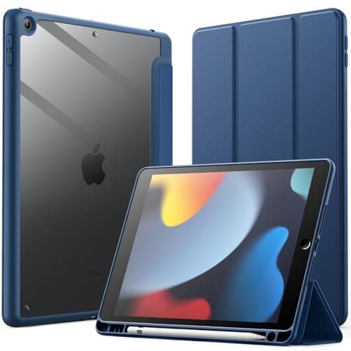 JETech Case for iPad 10.2-Inch (9th/8th/7th Generation, 2021/2020/2019) with Pencil Holder, Clear Transparent Back Shell Slim Stand Shockproof Tablet Cover, Auto Wake/Sleep (Navy)