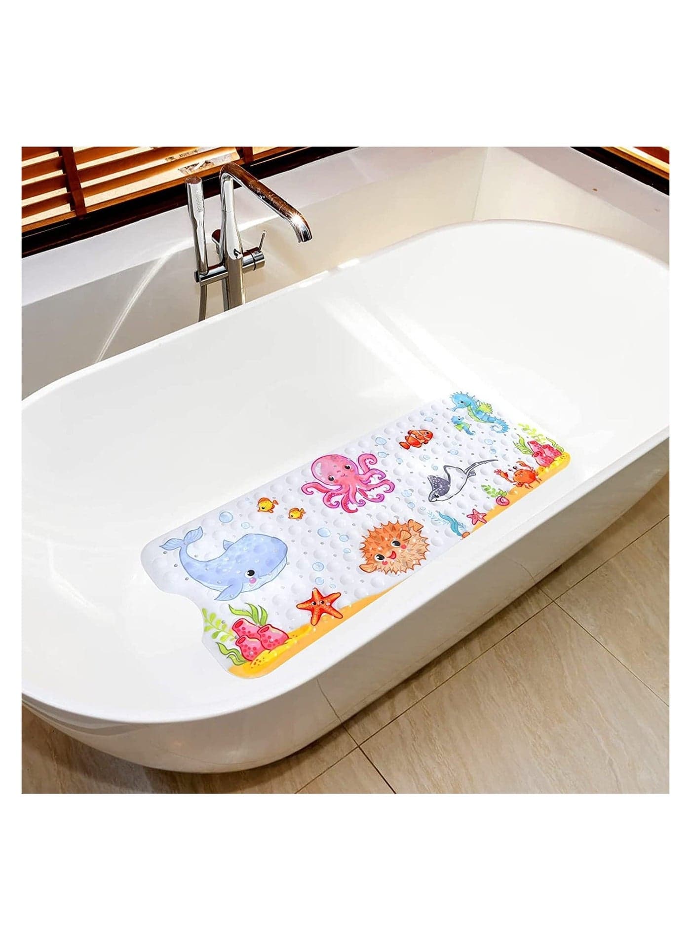 Cartoon Non Slip Bathtub Mat for Kids 40x16 Inch Large Size Anti Shower Mats Toddlers Children Baby Floor Tub with Suction Cups & Drain Holes Machine Washable (Sea World)