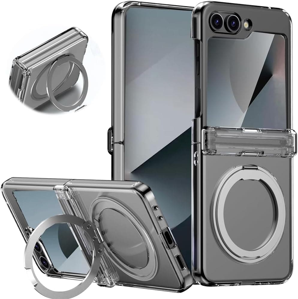 Magnetic Case with Hinge Protection & Kickstand, Phone Case Compate for MagSafe, Samsung Galaxy Z Flip 6, Slim Case with Invisible Ring Stand, Soft TPU Protective, Clear