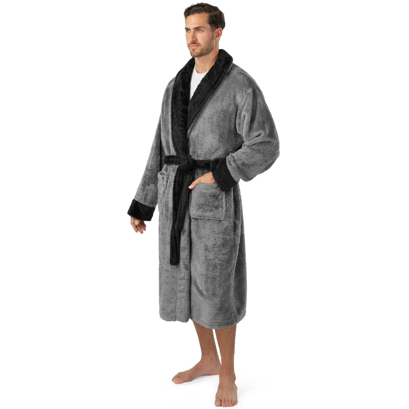 PAVILIA Mens Soft Robe Plush Fluffy Fleece Bathrobe for Men Long Sherpa Spa Robe with Shawl Collar TwoTone Gray