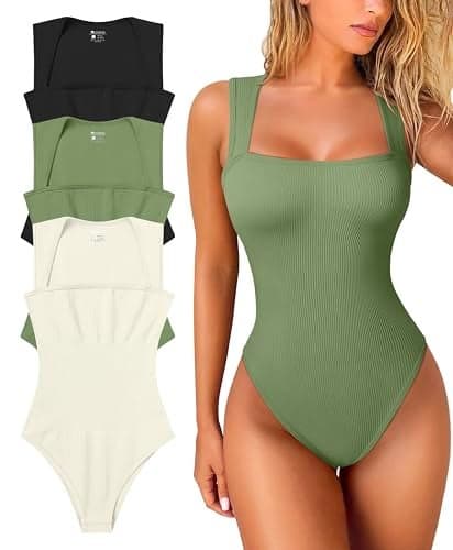 OQQ Women's 3 Piece Bodysuits Sexy Ribbed Strappy Square Neck Sleeveless Tummy Control Tank Tops Bodysuits Black Pea green Beige
