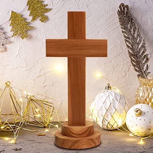 Attivolife Wood Cross Statue with Stand Spiritual Christian Jesus Holy Cross Religious Gift for Catholic Easter and Christmas Wall Table Church Decoration for Home Room 55 x 255