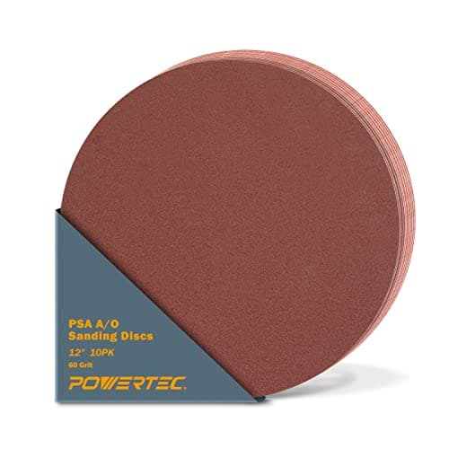 POWERTEC 10 PCS 60 Grit 12 Inch PSA Sanding Discs Self Stick Adhesive Sandpaper 12 for Drywall Woodworking Paint Epoxy with Random Orbital Sanders DA Sanders 6x48 Belt Disc Sander 110380