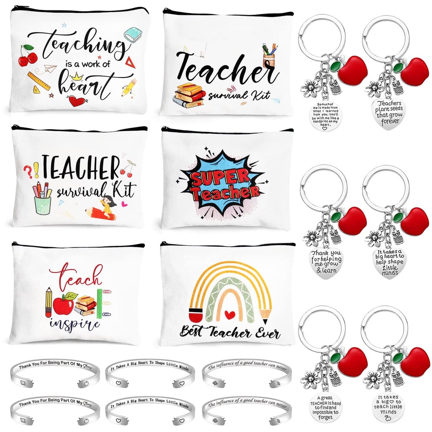 UAREHIBY 18 PCS Teacher Appreciation Gifts in Bulk6 Styles Makeup Bags for WomenTeachers Day KeychainThank You Teacher Christmas Gifts with BraceletGraduation Gift for teacher